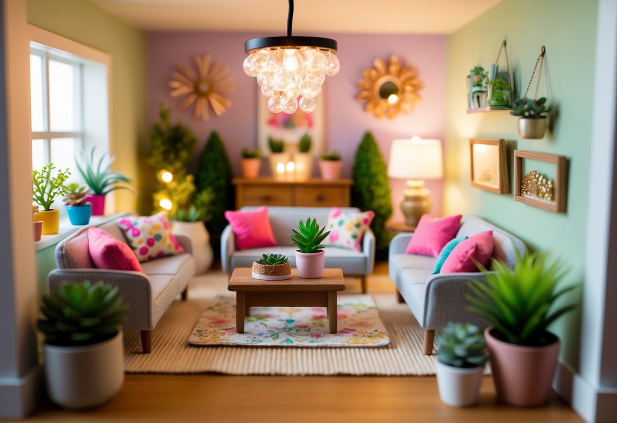 A cozy, well-lit dollhouse living room with carefully arranged miniature furniture, vibrant wall decor, and tiny potted plants