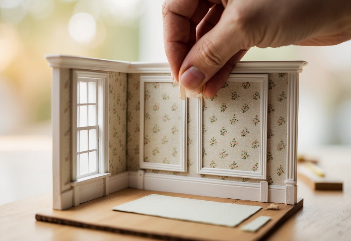 A miniature dollhouse room with tiny wallpaper being carefully applied, while small mouldings are being affixed to the walls