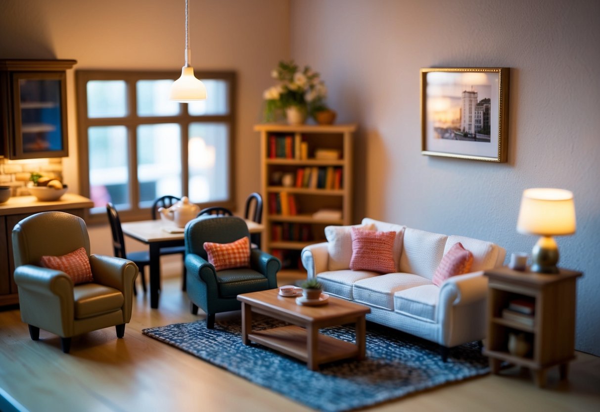 A cozy living room with a miniature sofa, armchair, coffee table, and bookshelf. A tiny dining table and chairs sit in the kitchen, and a bed and dresser complete the bedroom