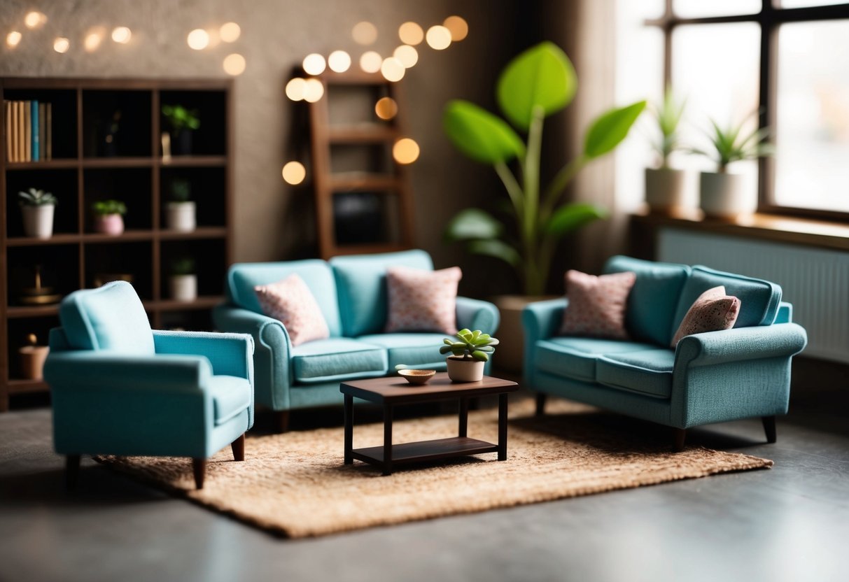 A cozy living room with a miniature sofa, armchair, coffee table, and bookshelf. A rug and potted plant add warmth to the space