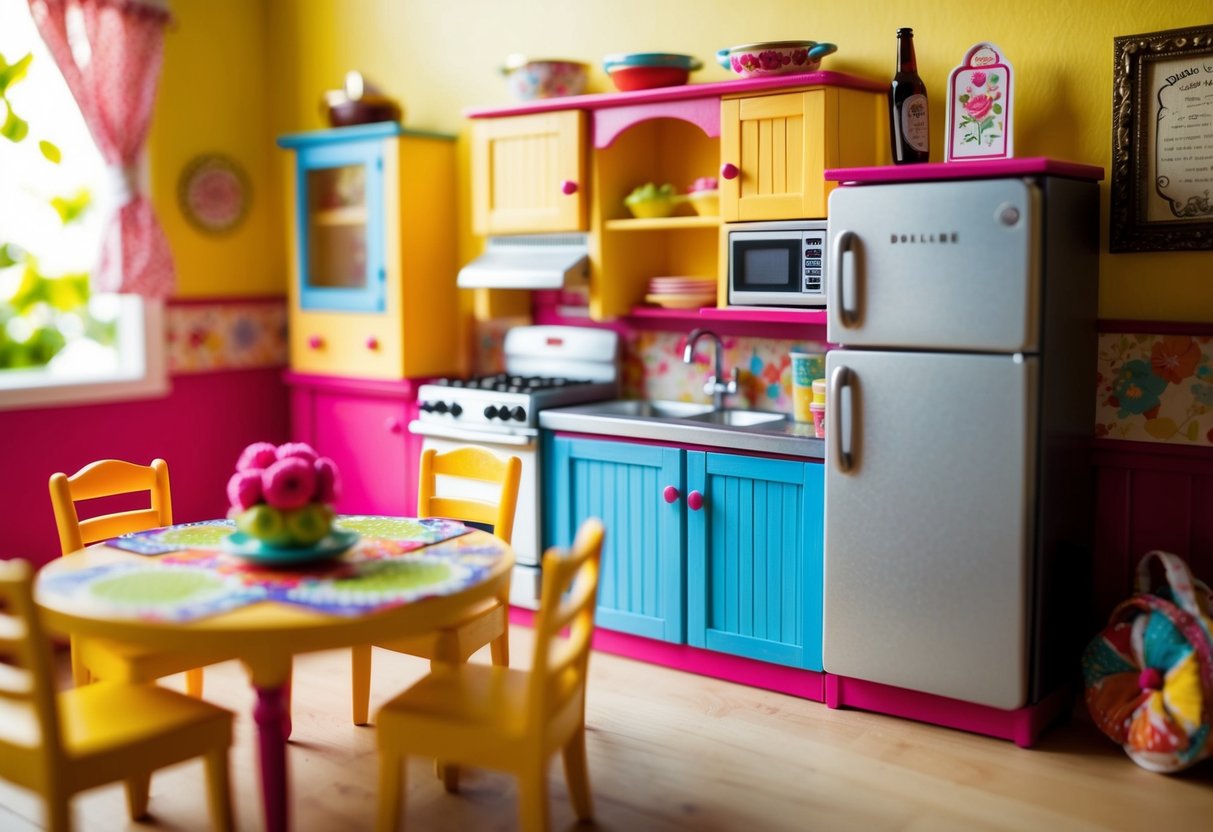 A cozy dollhouse kitchen with a miniature stove, fridge, and dining table set with chairs. Brightly colored walls and decorative accessories complete the scene