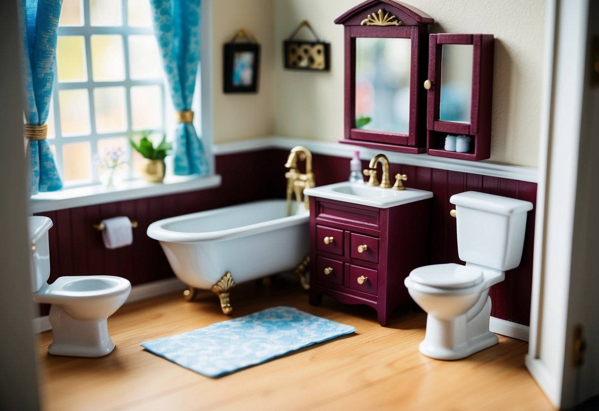 A miniature bathtub, sink, toilet, and mirror cabinet are arranged in a stylish and functional bathroom setting inside a doll's house