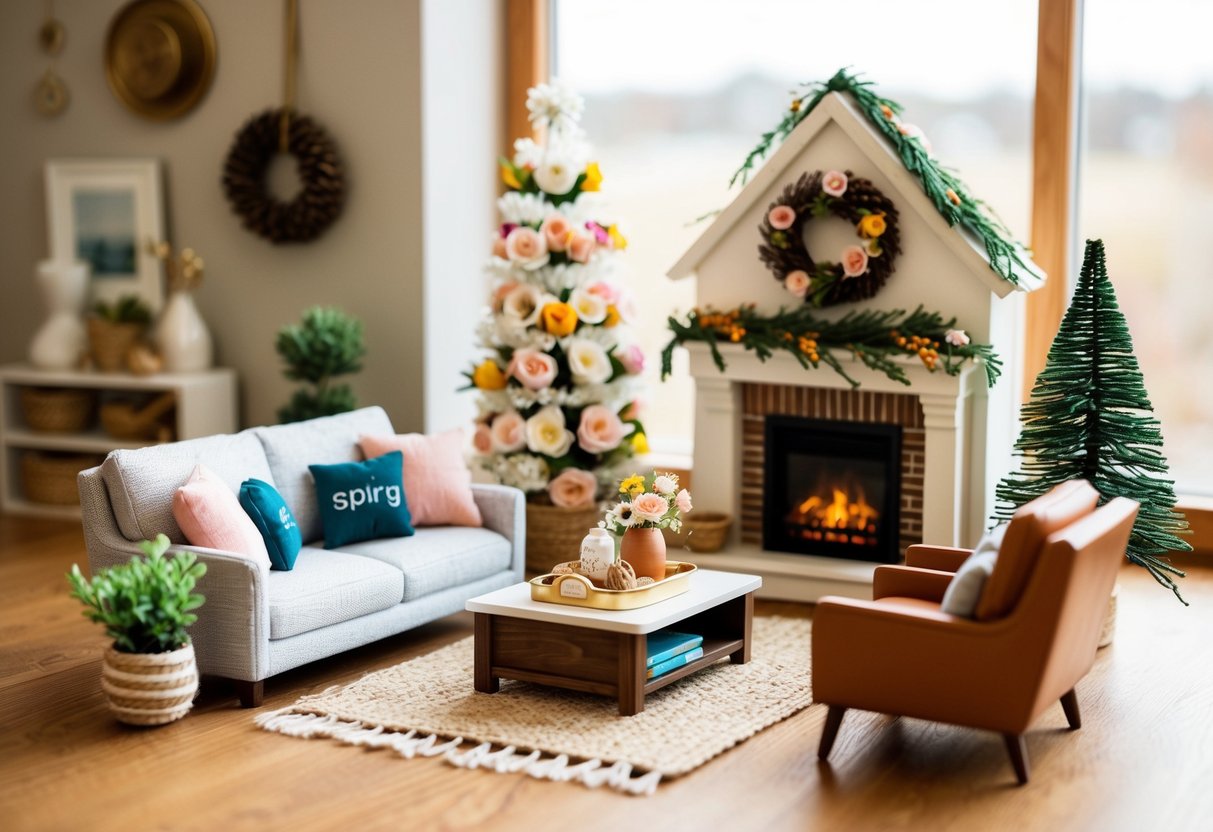 A dollhouse living room adorned with seasonal decor: a cosy fireplace for winter, floral accents for spring, beachy vibes for summer, and warm earth tones for autumn