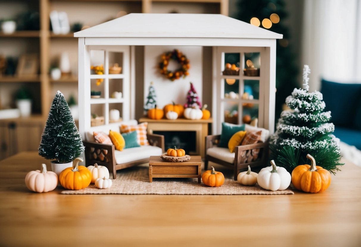 A cosy dollhouse with four rooms, each decorated to reflect a different season. Spring features blooming flowers, summer has bright beach decor, autumn showcases warm colors and falling leaves, and winter includes snow-covered landscapes and festive decorations