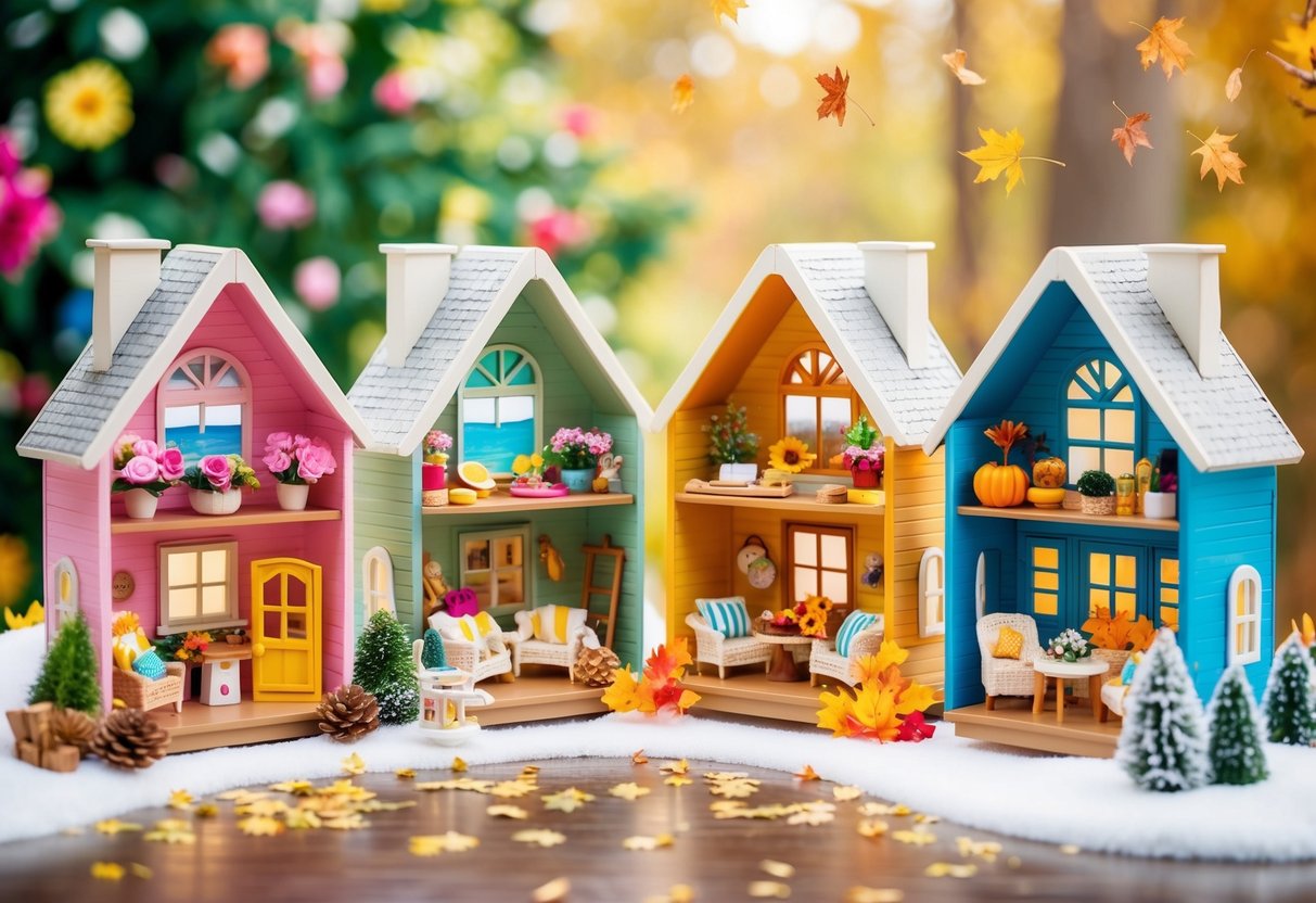 A cosy dollhouse with four rooms, each decorated to reflect a different season. Spring features blooming flowers, summer has bright beach decor, autumn showcases warm colors and falling leaves, and winter includes snow-covered landscapes and festive decorations