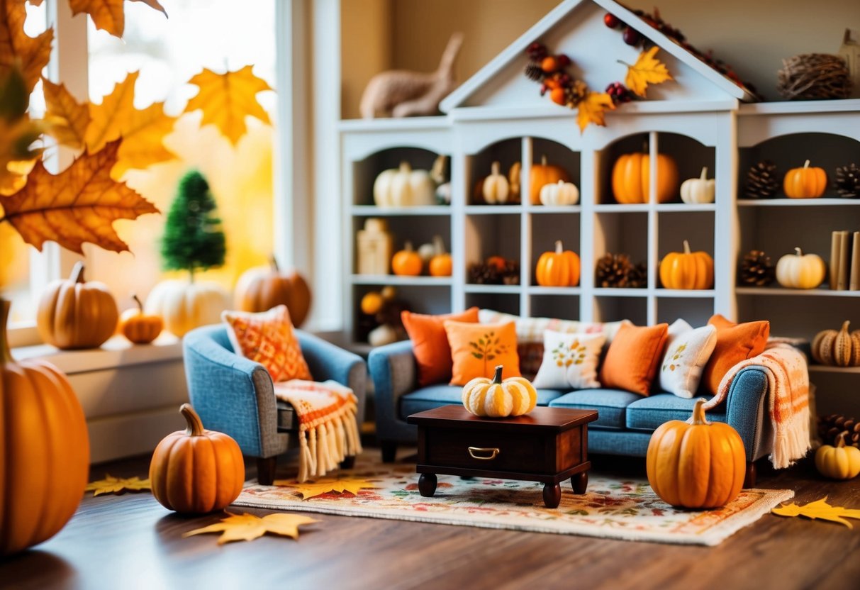 A cosy dollhouse living room decorated with seasonal items like pumpkins, fall leaves, and warm blankets for autumn