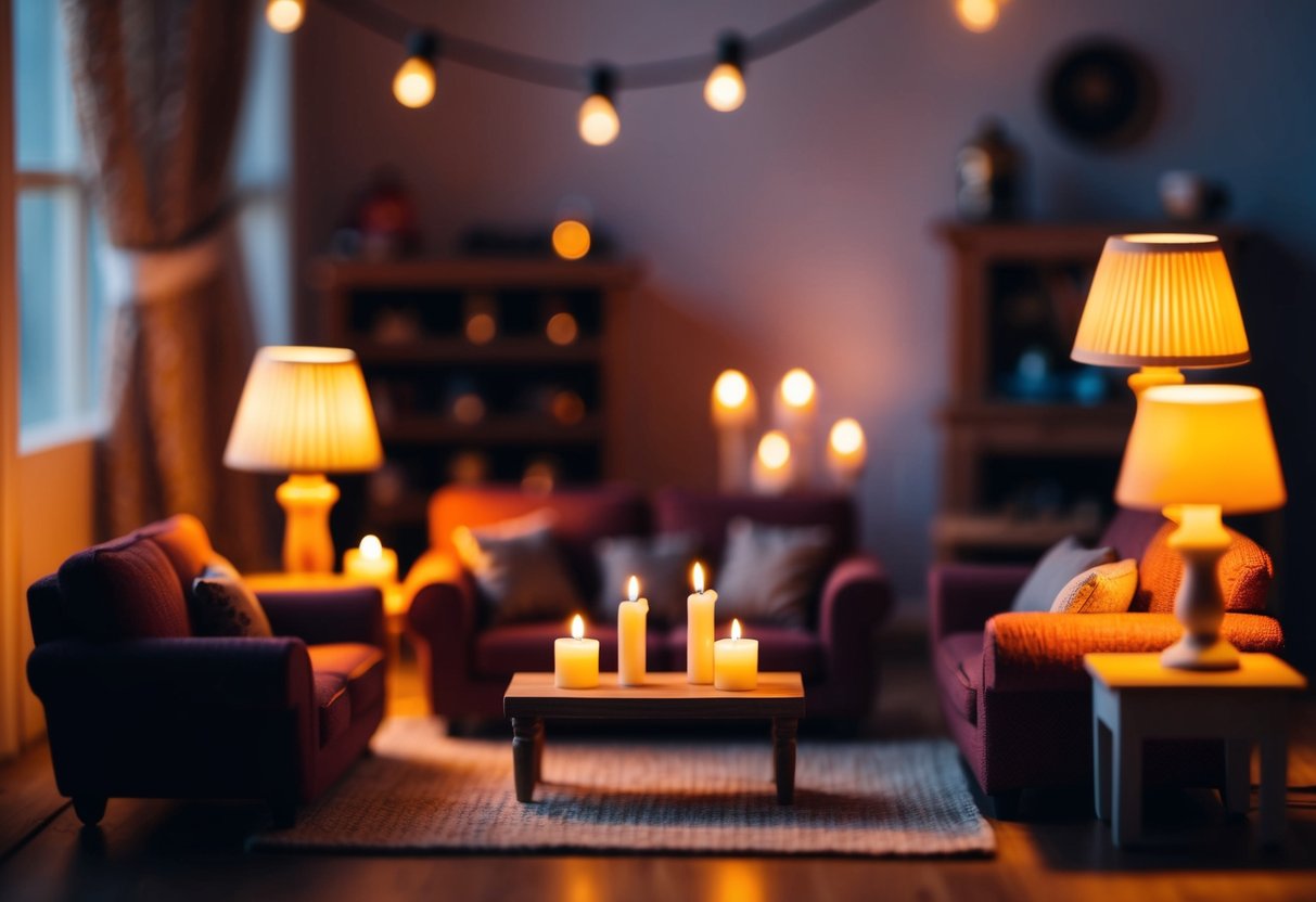 A cozy living room with warm, soft lighting from miniature lamps and candles, casting gentle shadows on the tiny furniture and decor