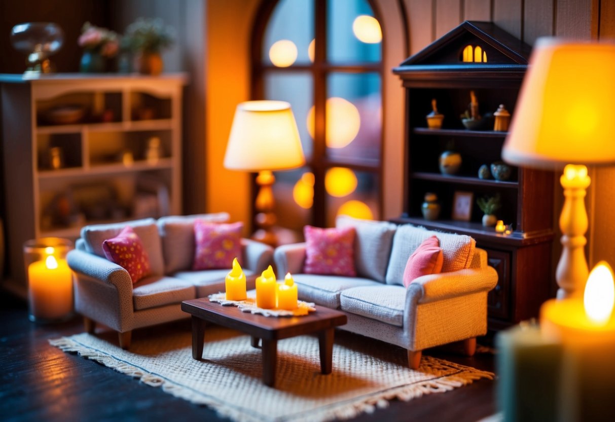 A cozy dollhouse living room with warm, soft lighting from miniature lamps and candles, casting a gentle glow on tiny furniture and decor