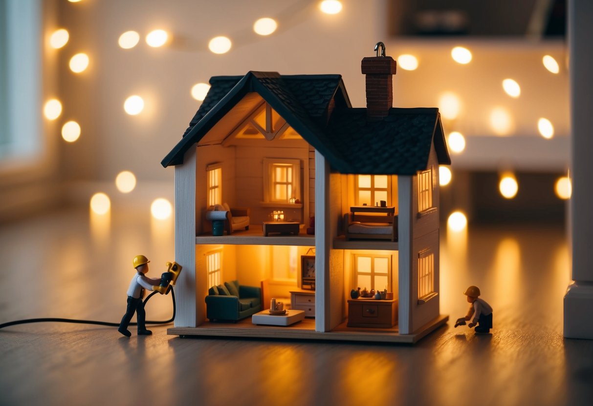 A miniature dollhouse with tiny LED lights being installed in each room, casting a warm and cozy glow throughout the tiny rooms