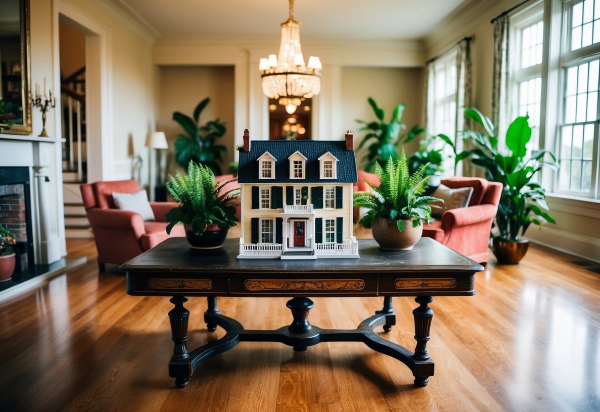 A grand, sunlit living room with high ceilings and hardwood floors. A beautifully detailed doll's house sits on a sturdy antique table, surrounded by plush armchairs and vibrant houseplants