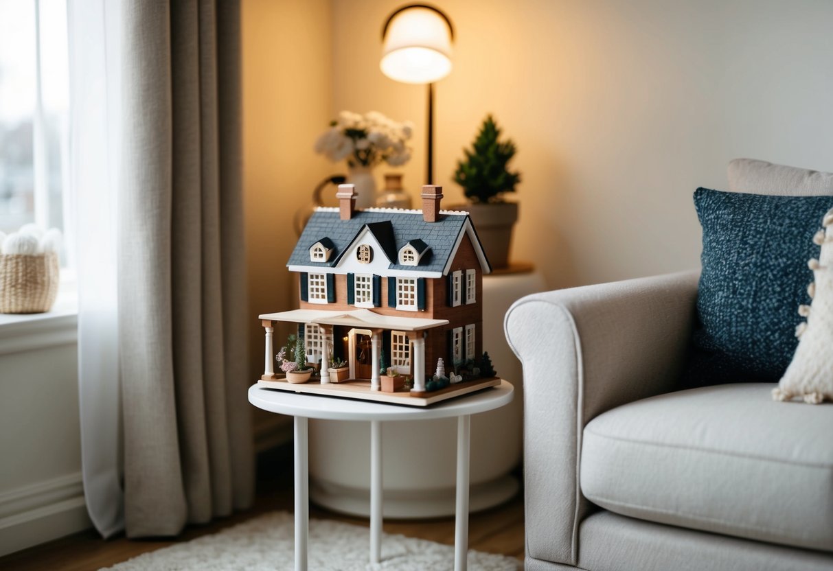 A cozy corner of a living room, with soft lighting and a small table, showcasing a beautifully crafted dolls house with intricate details and miniature furniture