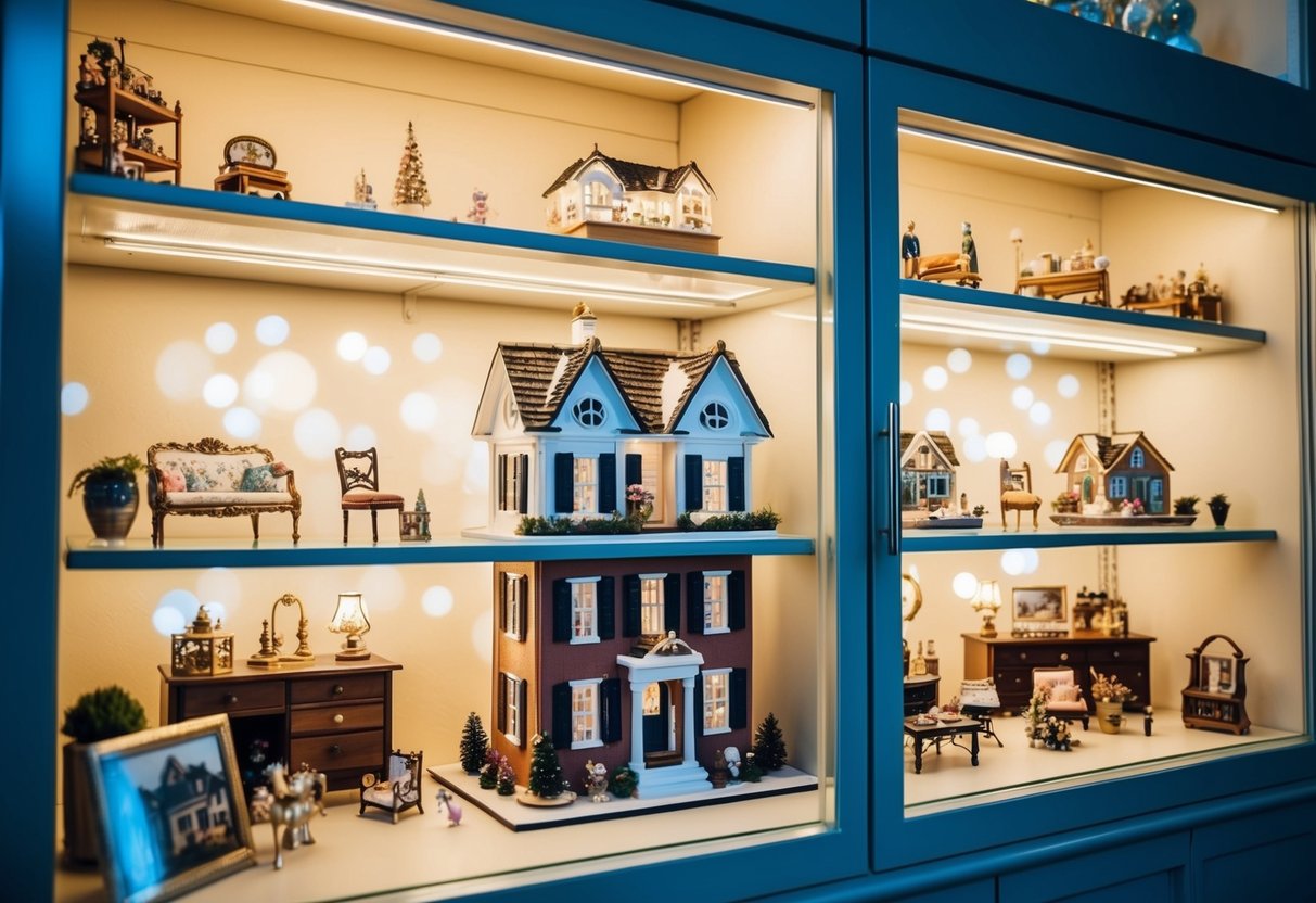 A well-lit glass display cabinet with adjustable shelves showcasing a beautifully decorated dollhouse, surrounded by miniature furniture and accessories