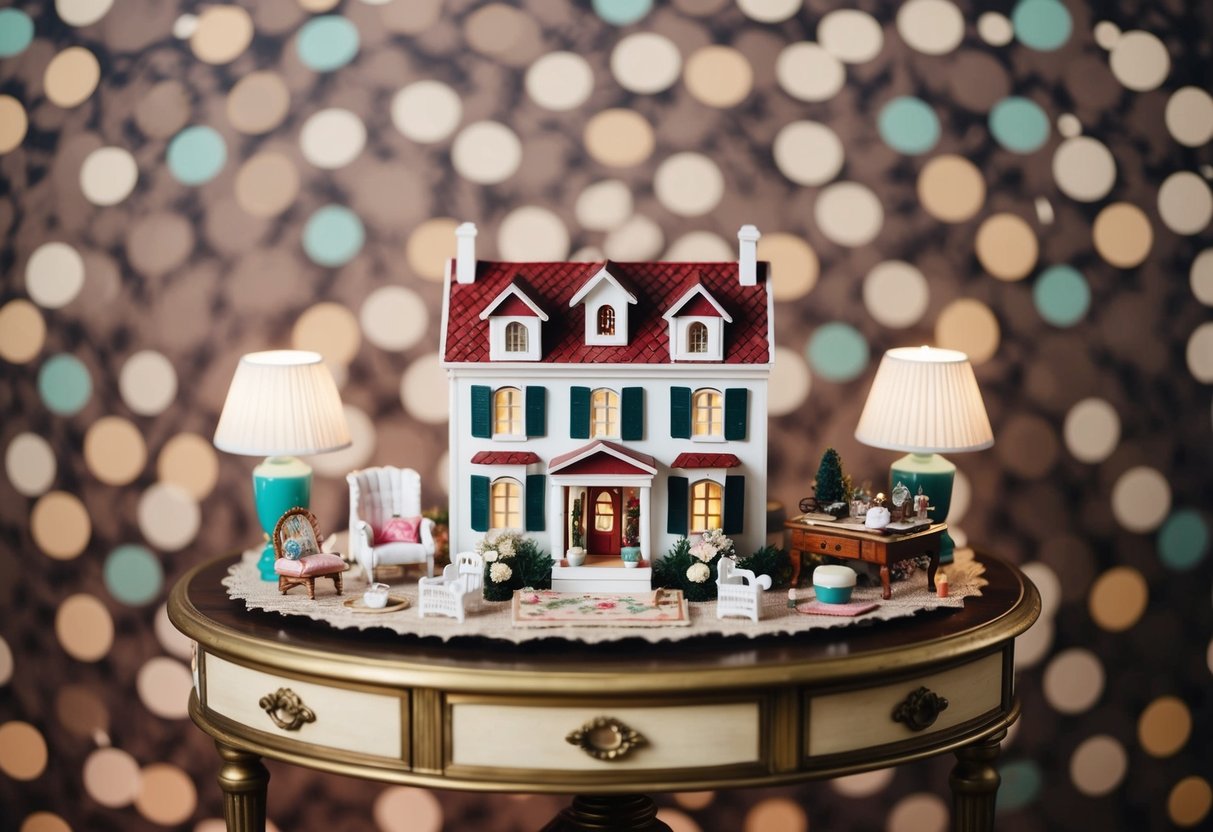 A beautifully decorated dolls house sits on a vintage table, surrounded by miniature furniture and accessories. Soft lighting and a patterned backdrop enhance the visual impact