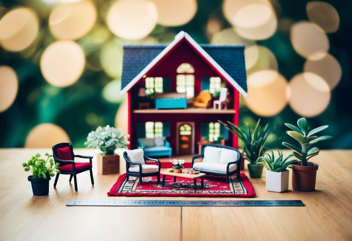 A dollhouse with various accessories displayed in front, including furniture, rugs, and miniature plants, with a ruler nearby for scale reference