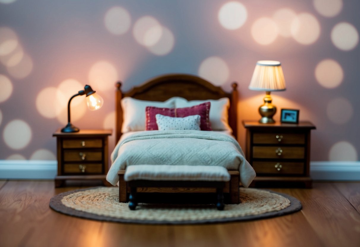 A cozy bedroom with a miniature bed, dresser, and nightstand. A tiny lamp and rug add warmth to the space