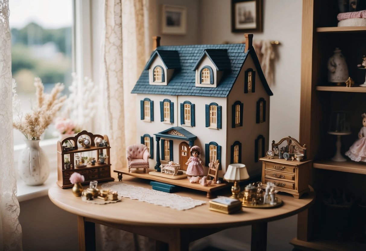 A cozy corner with a vintage dolls' house displayed on a wooden table, surrounded by miniature furniture, accessories, and delicate decor