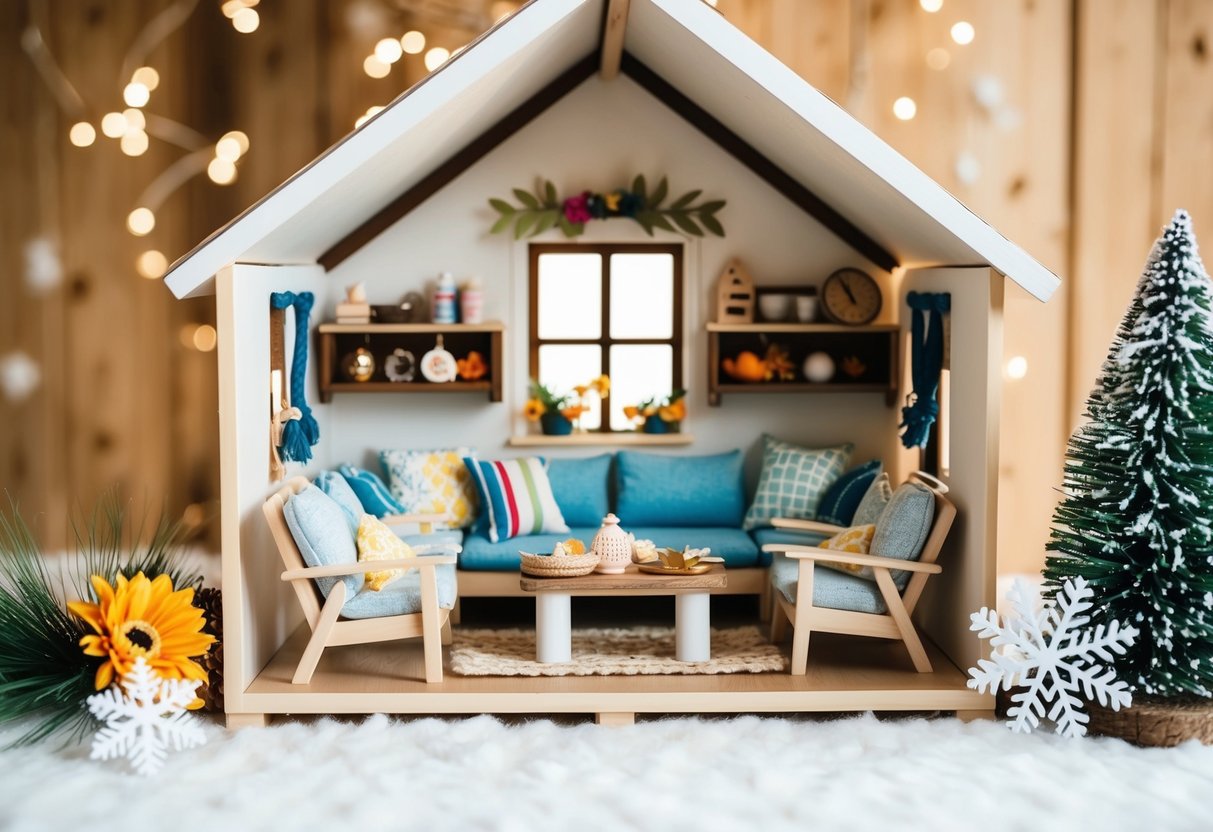 A cosy dollhouse interior with seasonal decorations: spring flowers, summer beach accessories, autumn leaves, and winter snowflakes