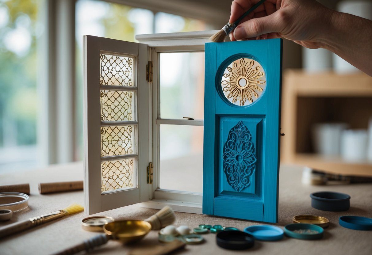 A dollhouse window and door being painted with intricate designs and patterns using various decorative techniques for a unique look