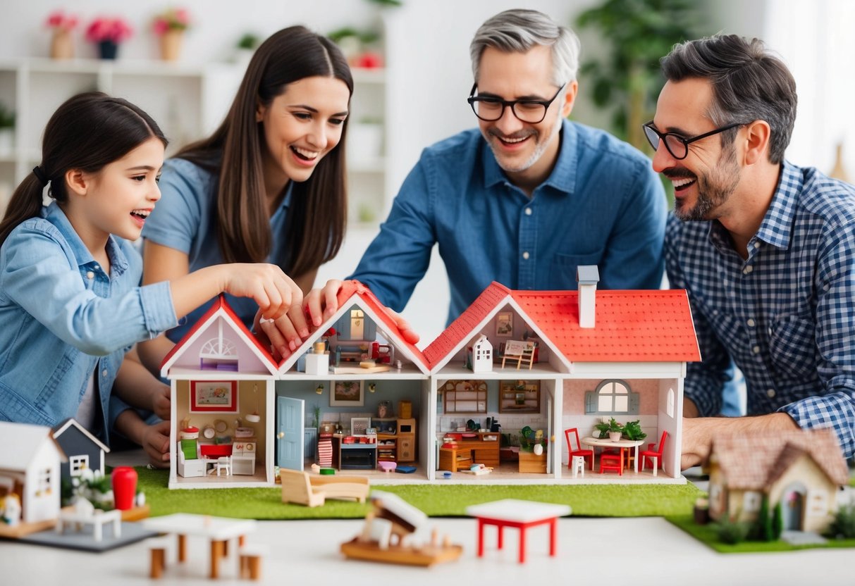 A family gathers around a dollhouse, arranging furniture and decorating rooms together. Laughter and conversation fill the air as they bond over their shared hobby