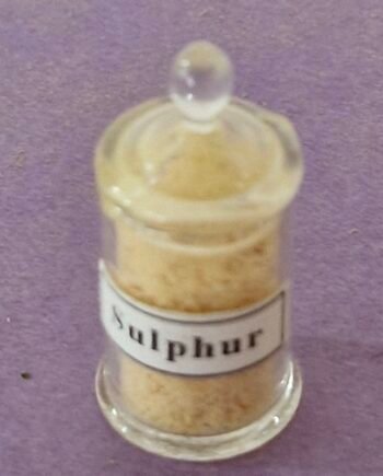 1:12th scale Dolls House  Glass Jar  Sulphur Label  British made    VEF30