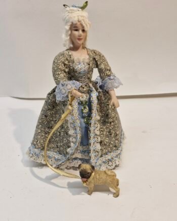 1:12th Scale Dolls House Miniatures, Porcelain Doll. Woman walking a Dog   KM17